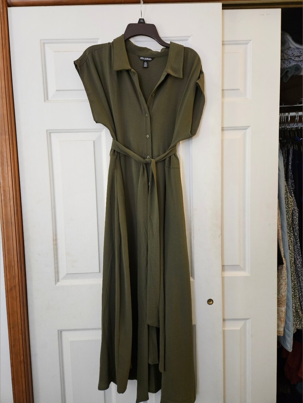 Nina Leonard Olive Green Button-Front Dress with Waist Tie Large